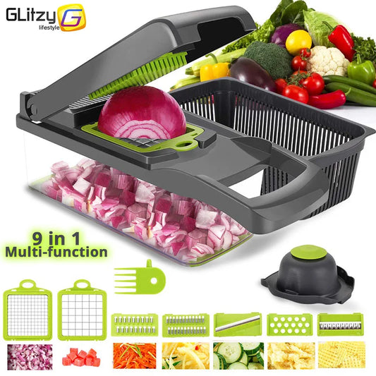Multifunctional Vegetable Chopper – 9-in-1 Manual Food Slicer & Cutter for Fruits, Potatoes, Cheese, and Onions