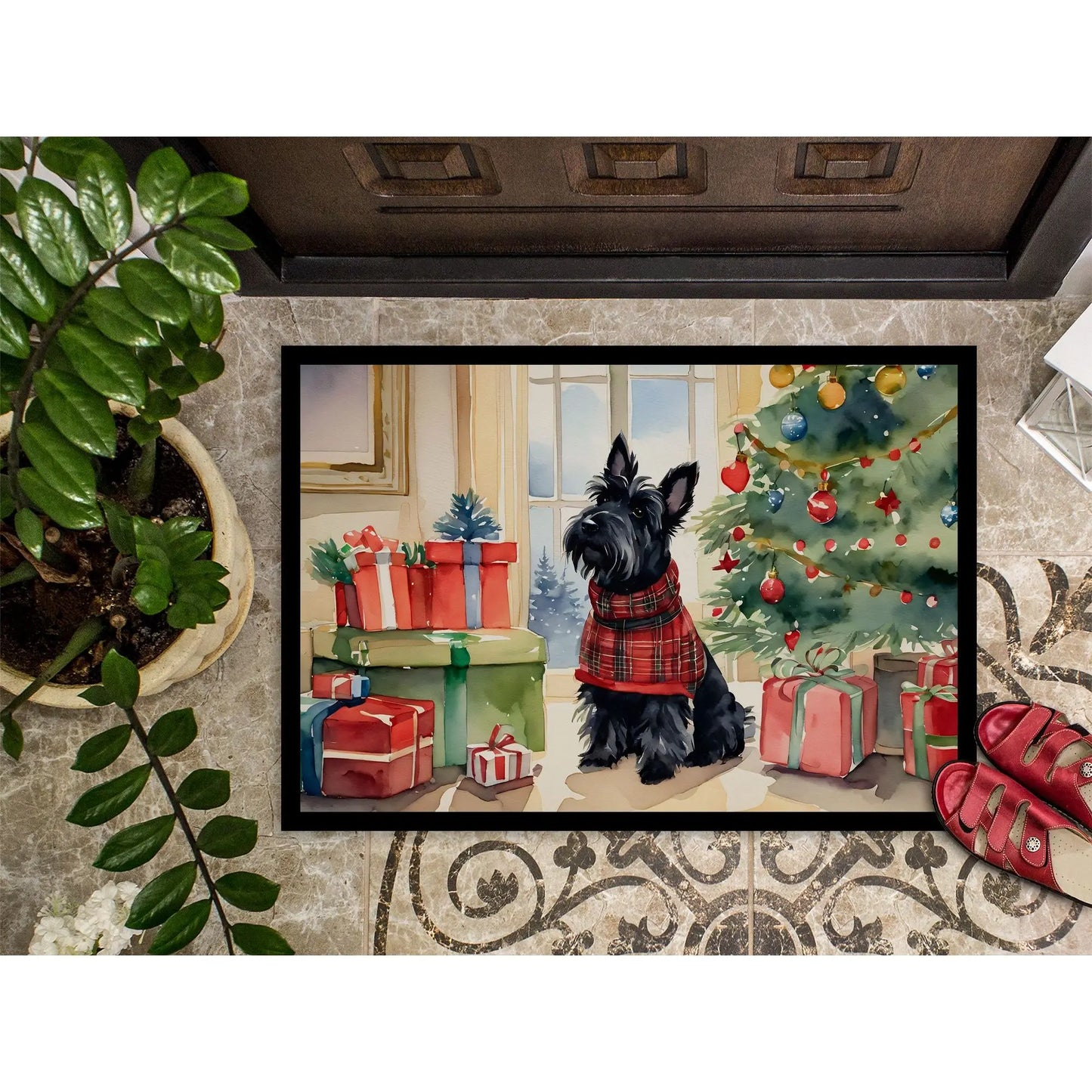 Scottish Terrier Christmas Doormat – Non-Slip Washable Indoor/Outdoor Entryway Rug (24H x 36W)
