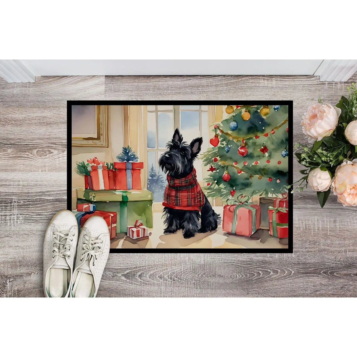 Scottish Terrier Christmas Doormat – Non-Slip Washable Indoor/Outdoor Entryway Rug (24H x 36W)