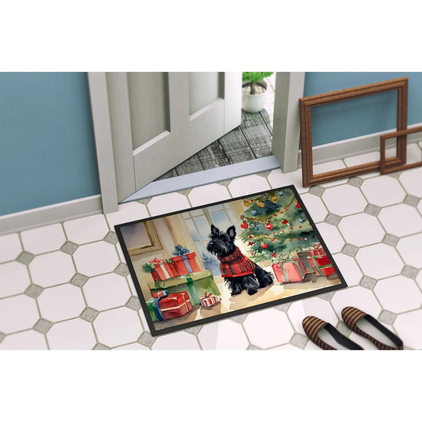 Scottish Terrier Christmas Doormat – Non-Slip Washable Indoor/Outdoor Entryway Rug (24H x 36W)